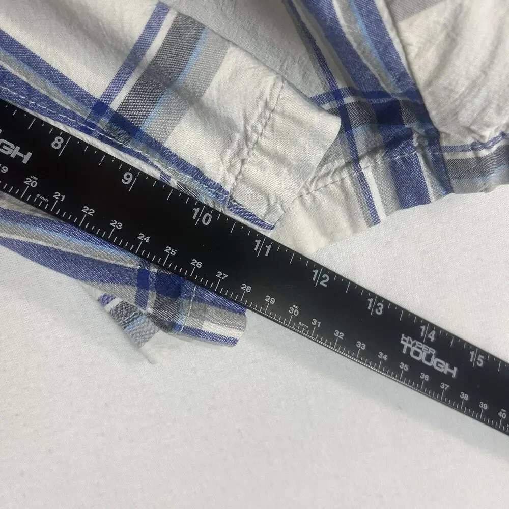 American Eagle Classic Longboard Shorts Mens 33 White Blue Plaid Flat Front AEO